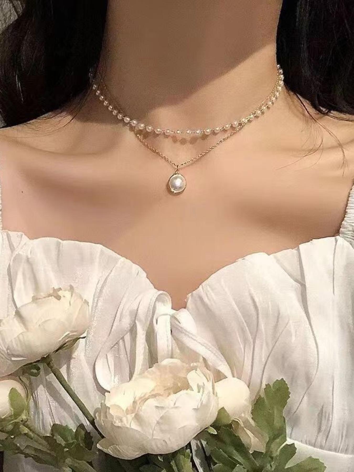 Faux Pearl Pendants Necklace for Women for Gift, Double Layered Necklace, Fashion All-match Accessory, Trendy Jewelry for Daily Wear