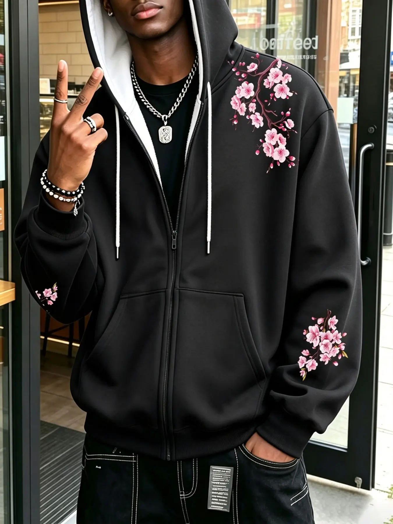 Men Black Zip Up Hoodie With Cherry Blossom Floral Print, Plain Inner Hooded Sweatshirt, Casual Loose Long Sleeve Jacket, Oriental Floral Streetwear Outerwear For Daily Urban Spring Autumn Daily Outfits.