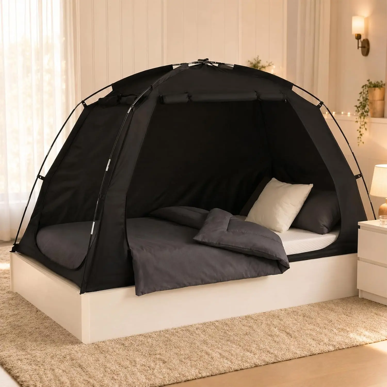 Bed Tent Twin Size, 93% Blackout Privacy Sleep Tent for Indoor Use, Easy to Set Up Dream Play Tent with 2 Doors, Portable Breathable Shelter for Kids and Adults, Black