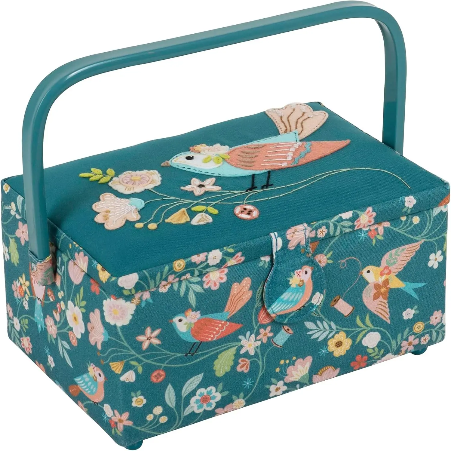 Medium Sewing Box with Handle Cotton Fabric Craft Storage Box with Internal Tray Pocket and Pin Cushion for Sewing Accessories and Hobby Storage