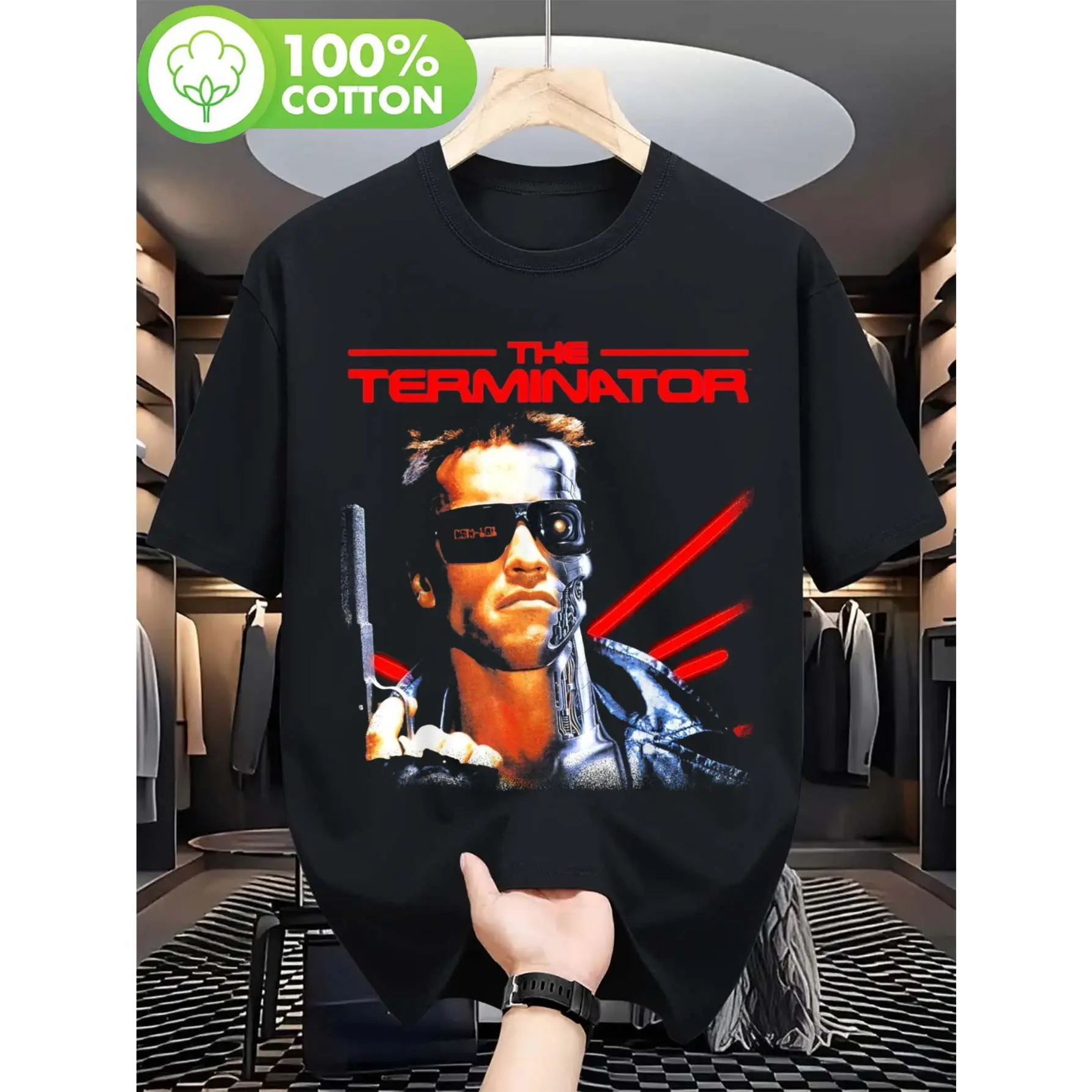 Men'S Classic Terminator Movie Graphic T-Shirt Crafted from, Showcasing a Cybernetic Design. This Casual Round-Neck Shirt Is Machine Washable And Comes in Black And Size Small.