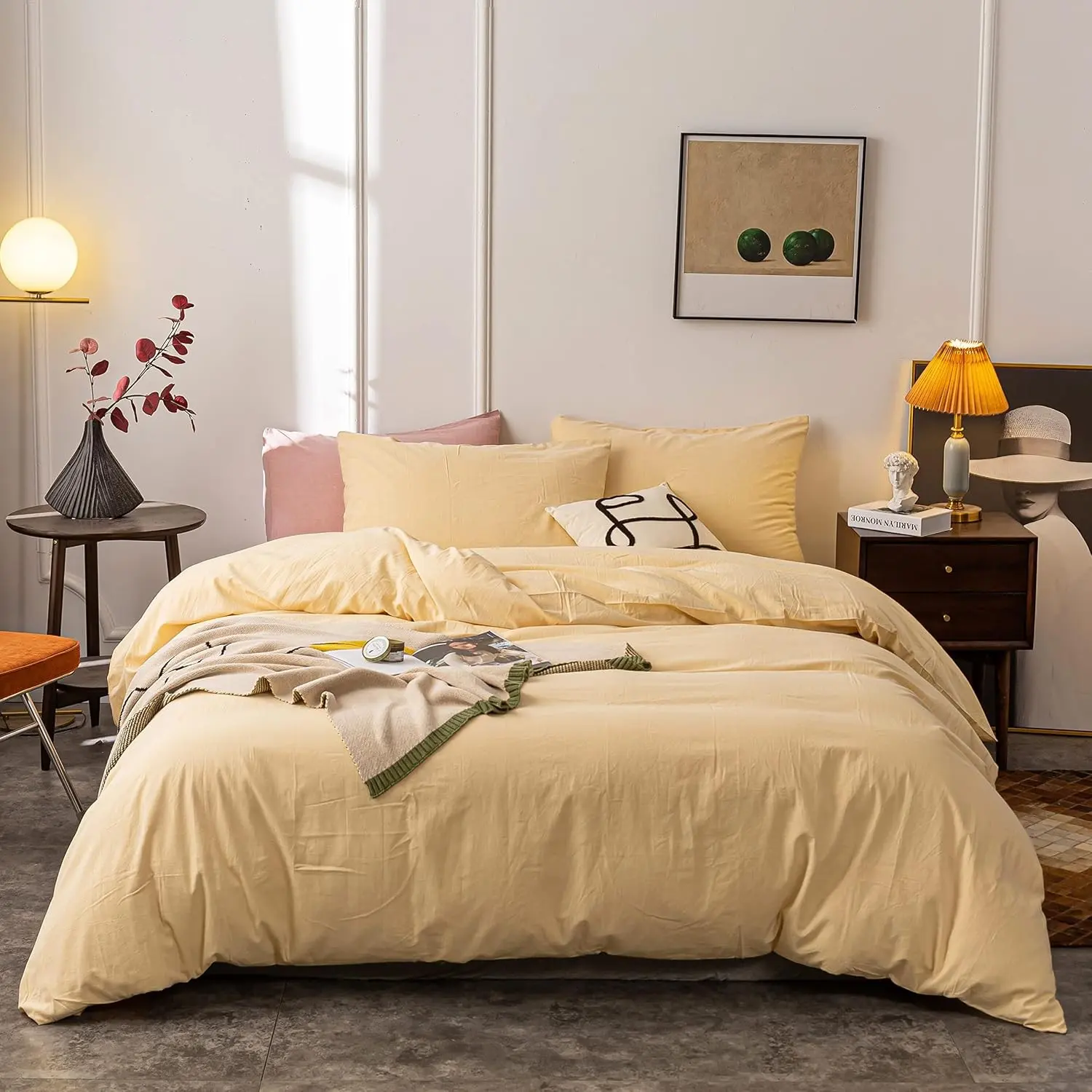 Queen Size Plain Washed 100% Cotton Duvet Cover Set, Ultra Soft Solid Cream Yellow, Zippered Closure - 3 Pieces Indoor Bedding Accessory
