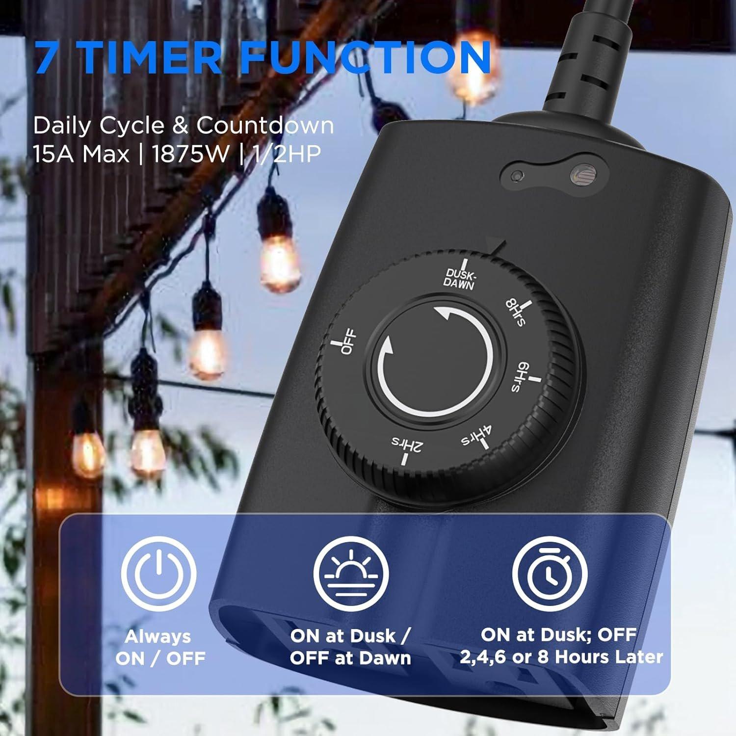 Outdoor Timer, Dusk to  Timer, Outdoor Light Timers , 2 Grounded Outlets Timers for Christmas Lights, 15A 1/2HP, CSA Listed, Light Sensor Timer 2Pack, Black, OT1004D