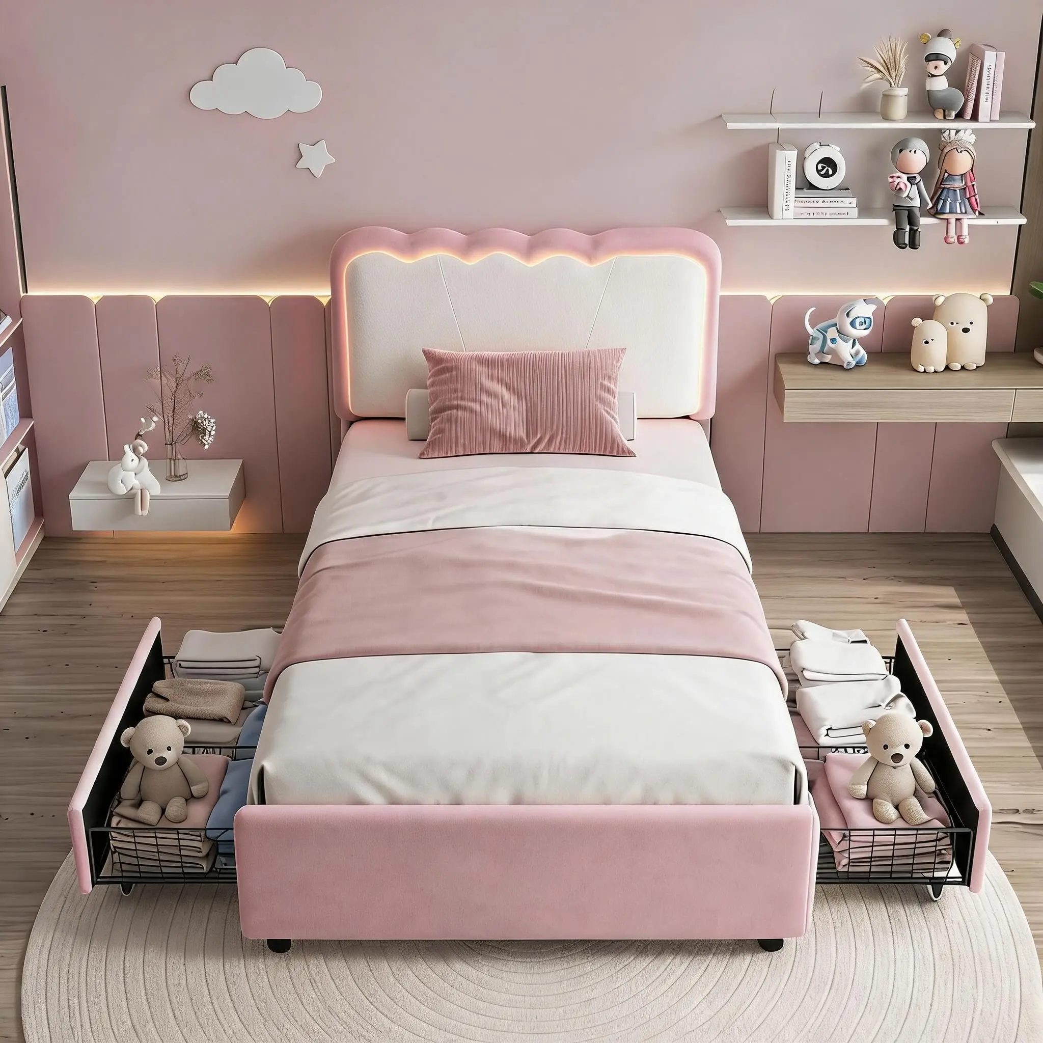 LED Upholstered Platform Twin Size Bed Frame with 2 Storage Drawers – Adjustable Double Wave Headboard, Velvet Princess Style, Heavy Duty Metal & Wood Support, No Box Spring Needed