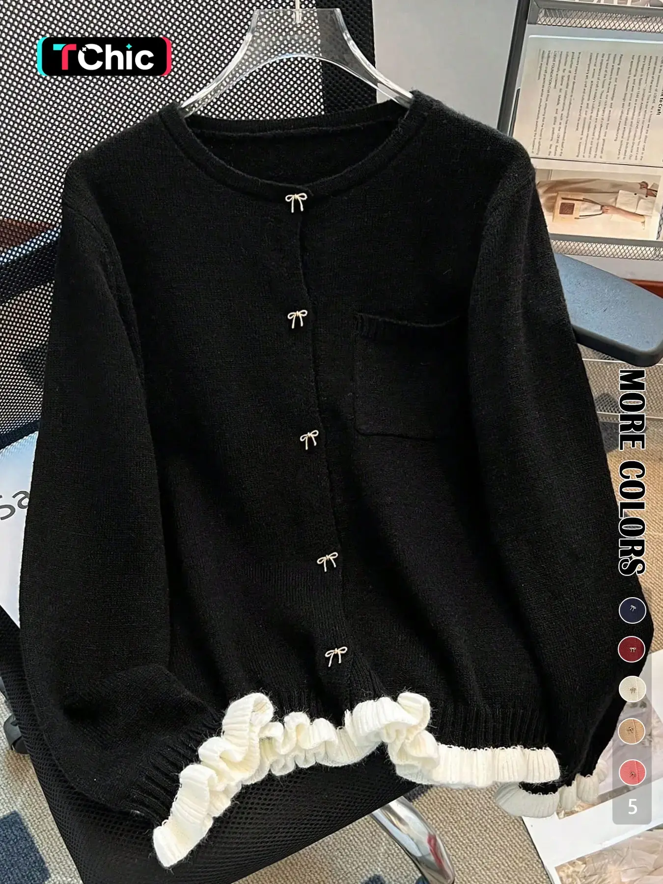 Elegant Feminine Bow Button Cardigan with Pockets Sweater Coat, Long Sleeve Colorblock Patchwork Design, Casual Pocket Knitwear Fitted for Fall & Winter Lady Women Tops Womenswear Knitting