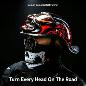 Japanese 3D Oni Devil Motorcycle Half Helmet, Unisex Halloween Cosplay Riding Gear, Retro Cruiser Design, Safety Helmet for Men and Women