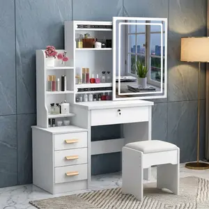 34.8in Modern White Makeup Vanity Table with Sliding Touch LED Mirror & 3 Color Dimmable Lights, 4 Drawers Storage Dressing Desk with Matching Stool, Space Saving Bedroom Beauty Station, Ideal Birthday Christmas Mother’s Day Gift for Women
