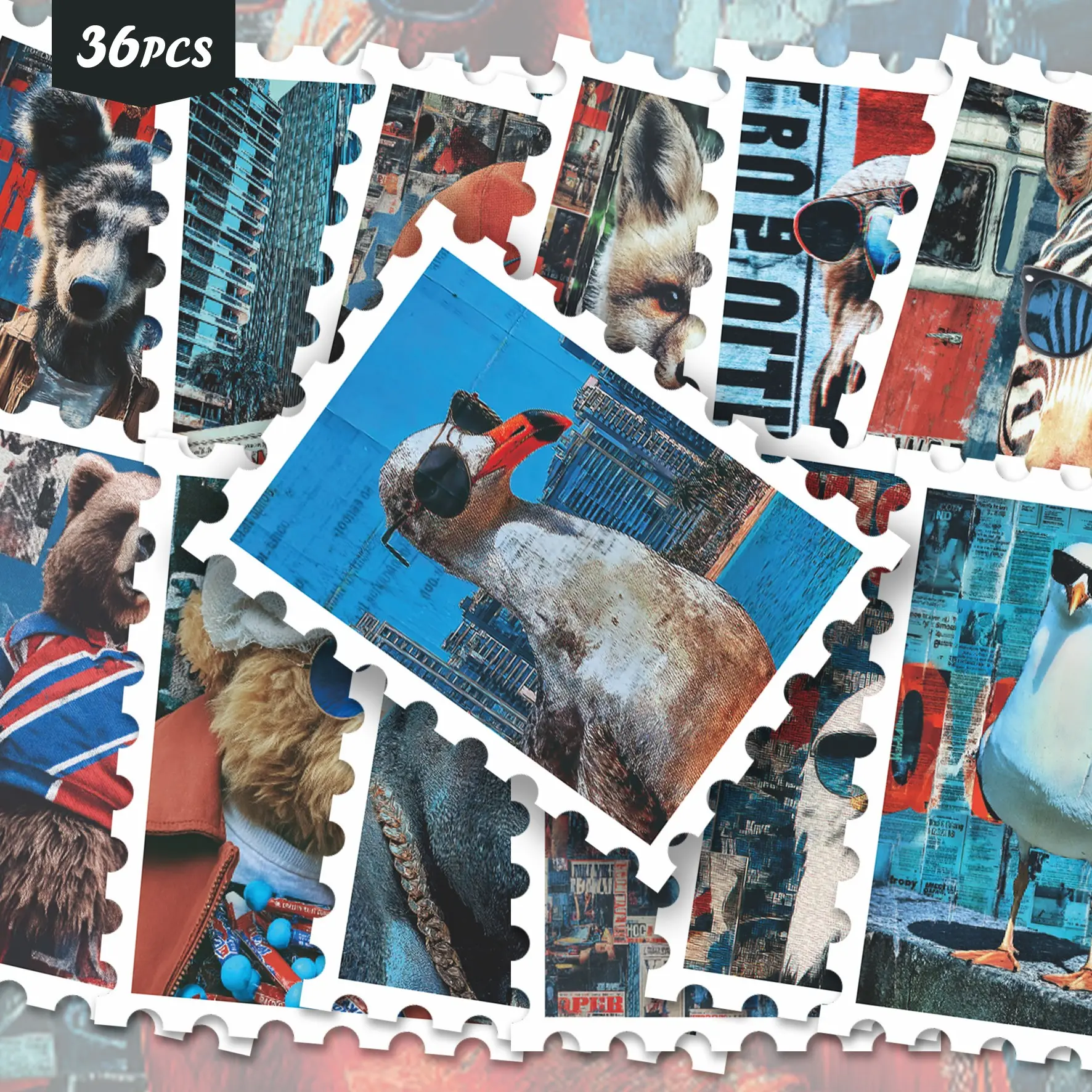36pcs Retro Grunge Collage Cool Animal Die Cut Stickers | Wearing Sunglasses Cat Fox Dog Sheep Leopard Vintage Newspaper Graffiti Mixed Media Pet Portrait Scene Art Graphics | Vinyl for Water Bottles & Craft Decor