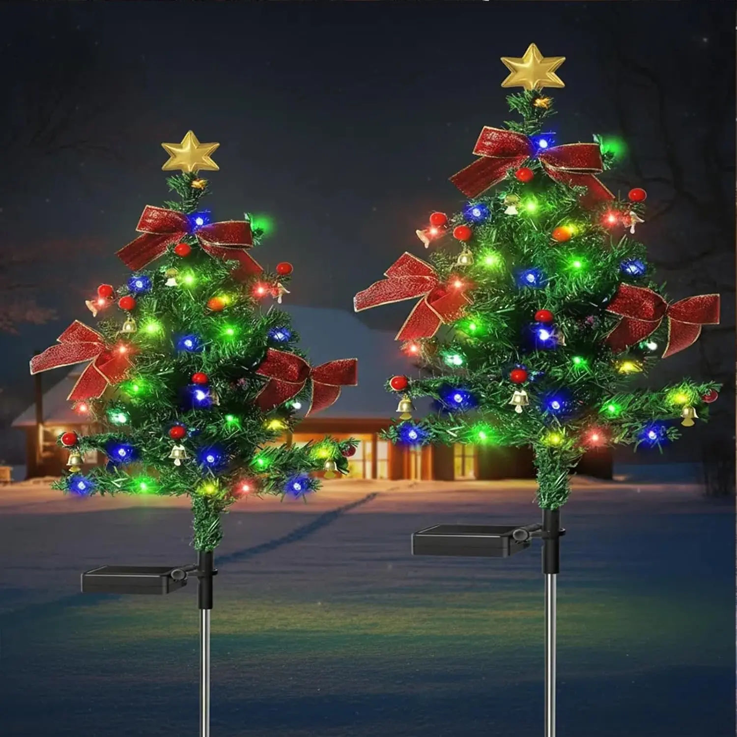 2 Pack 2.5 FT Solar Christmas Tree Outdoor Decoration,  Xmas Garden Light Decor, Equip with Red Berry, Bow and Bells, Pathway Lights for Patio,Yard(40 LEDs, 30 Inches)