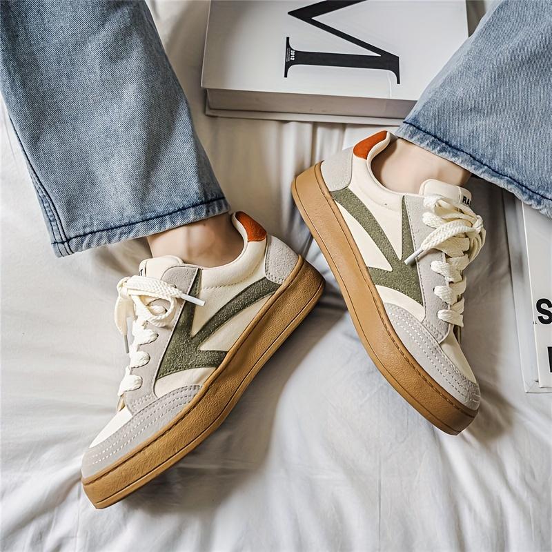 Men's Retro Color Block Thick-Soled Skate Shoes, Comfortable Non-Slip Durable Lace-Up Rubber Sole Canvas Sneakers, Men's Shoes