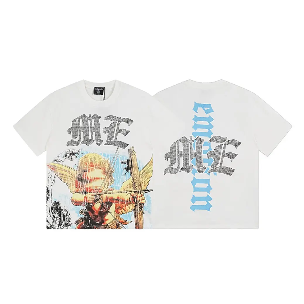 Mens Mixed Emotion Full Rhinestone Embroidery Streetwear Tee Oversized Angel Graphic Breathable Cotton Menswear Casual Round Neck Short Sleeve Urban Hip Hop Gothic Artistic Large Print Loose Fit Sports Top Y2K Unisex Back To School Outfit Holiday Gift