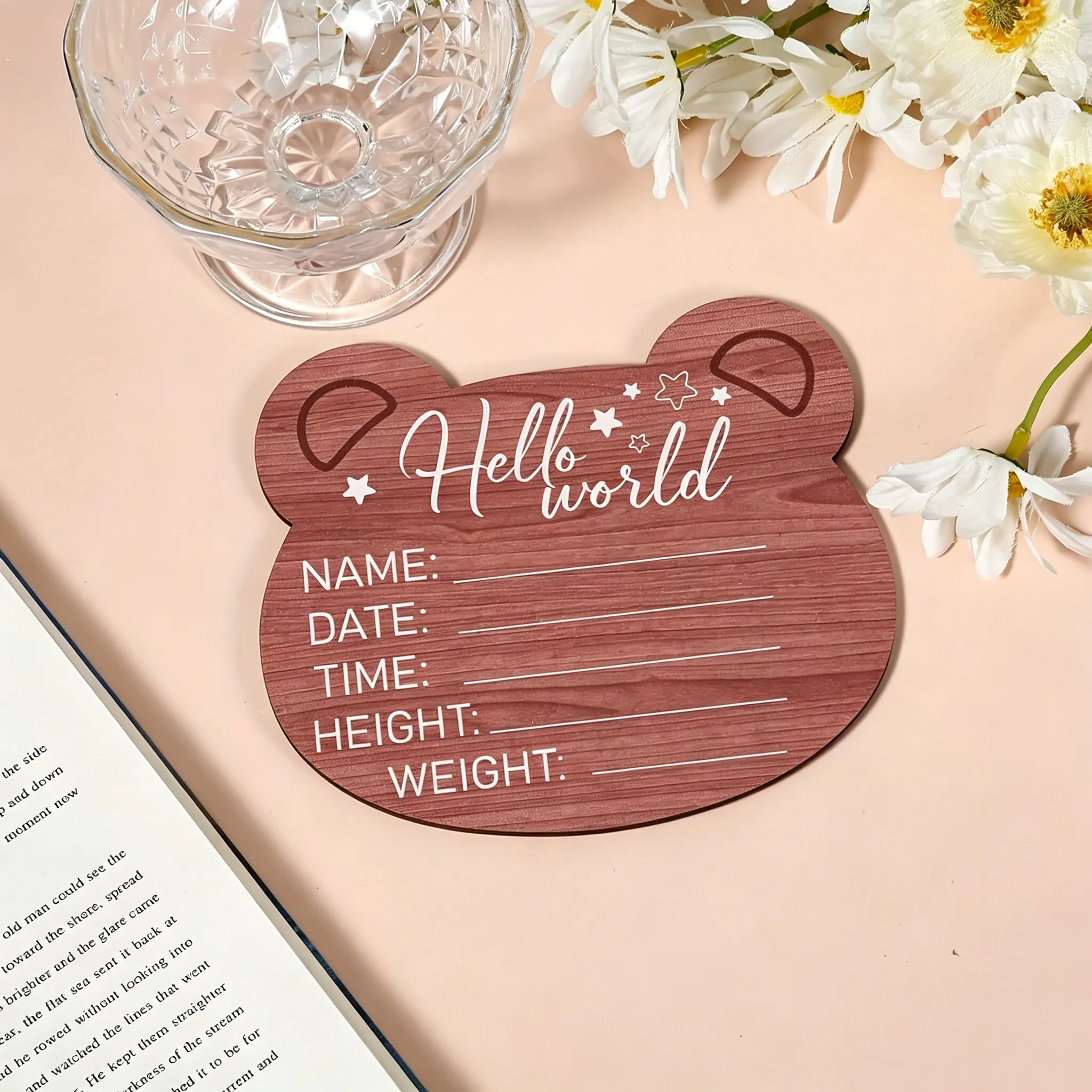 1 wooden announcement plaque, bear shaped welcome sign Hello World, suitable for photo props, welcome newborn sign, newborn birth record wooden plaque, photography props.