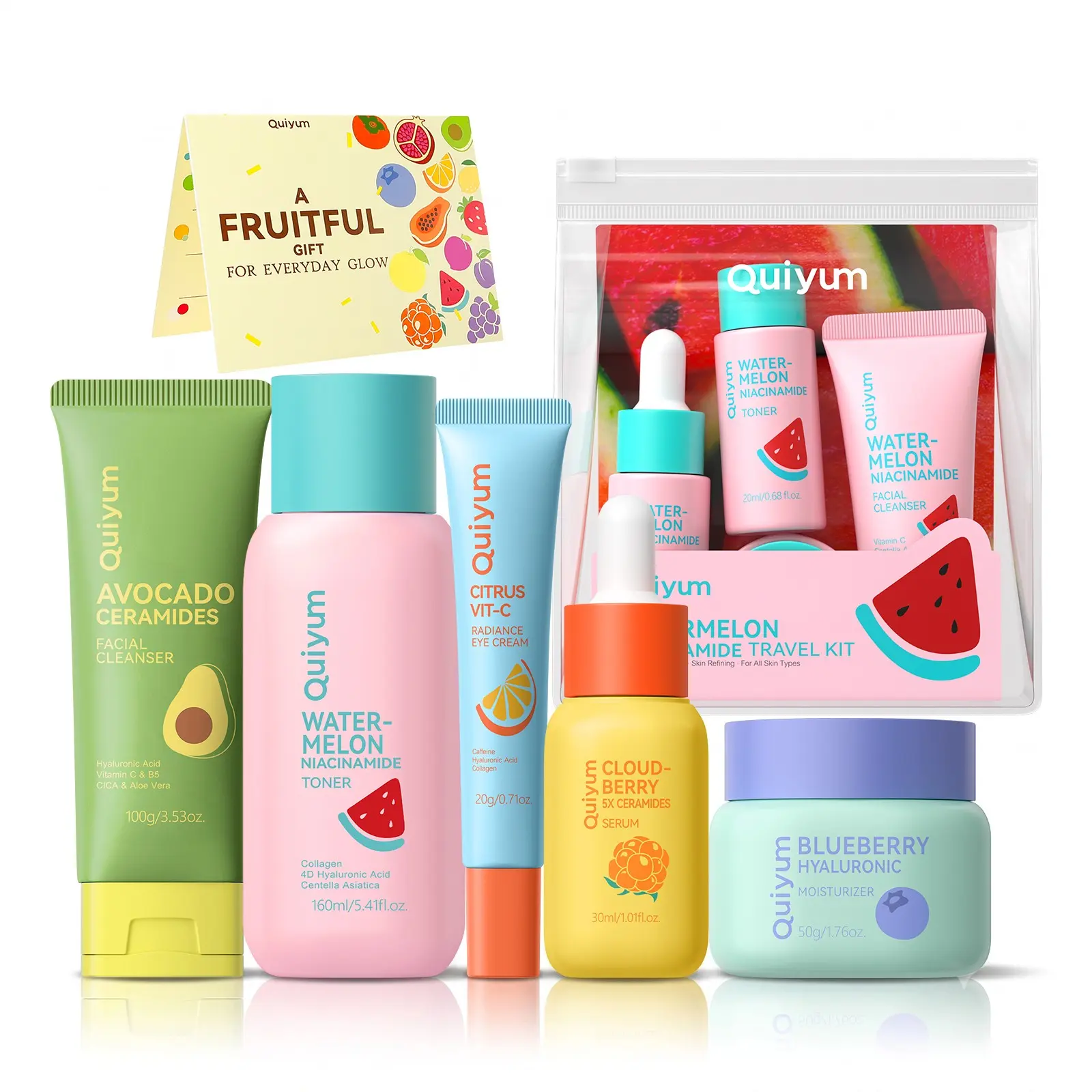 QUIYUM Fruit Skincare Set for Teen Girl, 5 Daily Routine Beauty Skin Care | 4 Travel Size Set |  Exfoliating, Smooth, Clean, Oil Control, Firm, Hydrating, Glow Up, Facial Skin Care Gift Set for Girls, for All Skin Types, TSA-friendly Sizes