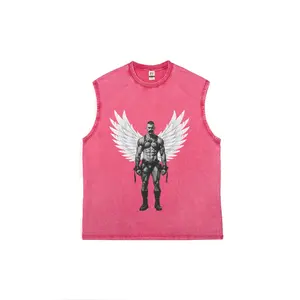 Vintage Acid Washed Pink Sleeveless Cut Off Tank Top, Leather Harness Muscular Man With Angel Wings Graphic Muscle Vest, Gay Pride Alternative Streetwear Crew Neck Casual Party Workout Shirt