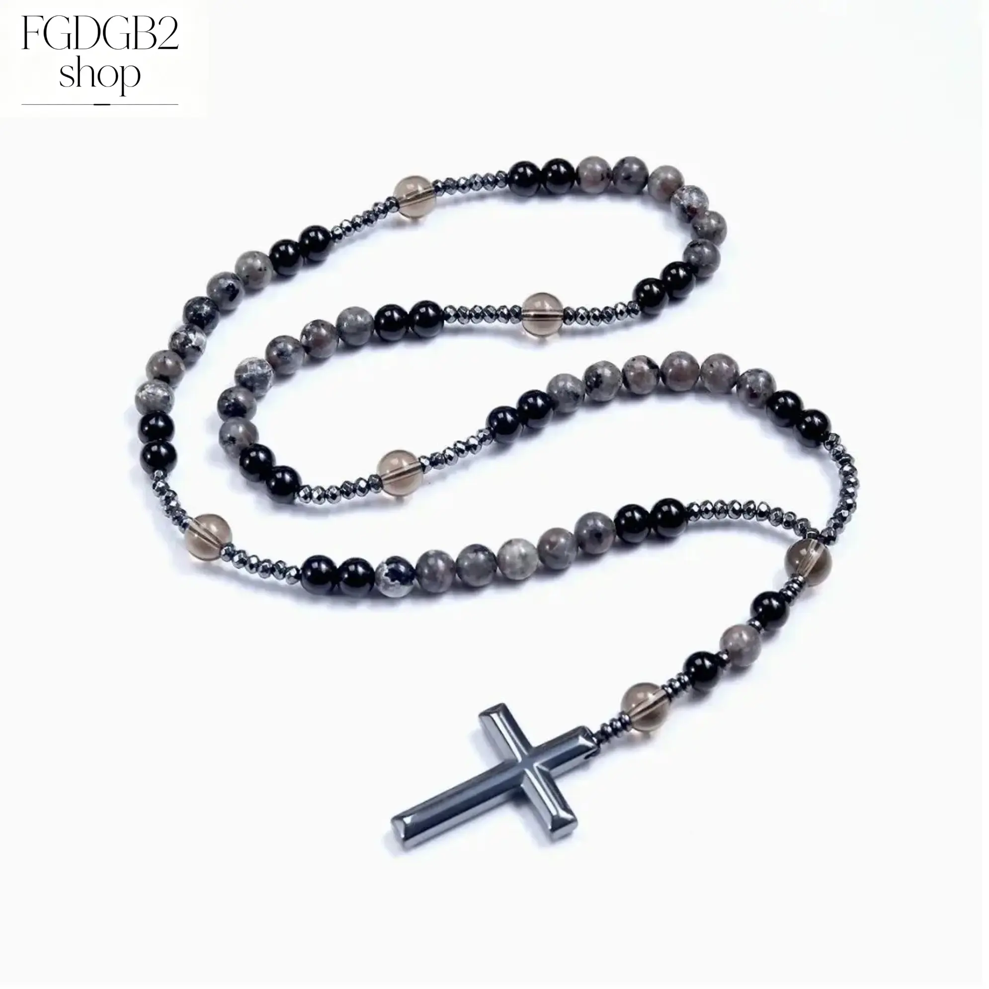 Natural Obsidian Yooperlite Rosary Necklace, UV Reactive Stone Beads with Hematite Cross Pendant, Unisex Long Beaded Faith Necklace for Men & Women, Daily Wear, Prayer, Meaningful Gift
