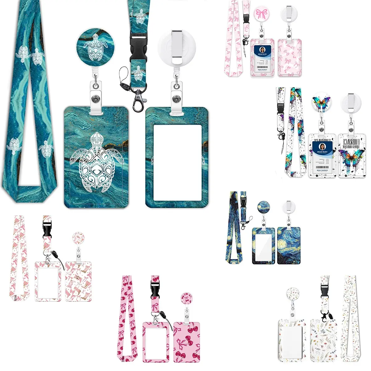 Double-Sided Turtle Cherry Resin Card Holder, Stretchable Pull Tab, Student Campus ID Badge Clip, Document Protector Case