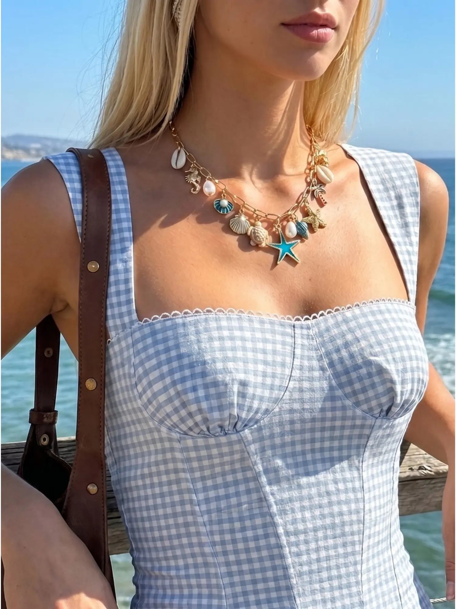 Boho Beach Vacation Style Clam Shell Starfish Pendant Necklace, Horse Shrimp Turtle Multi-Element Mix, Irregular Pearl Chain, Women's Accessory