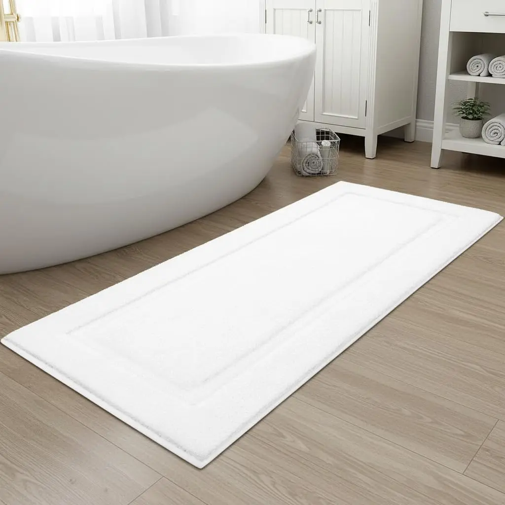 Large Soft Bathroom Rugs 24"x60" Long Bath Runners Non Slip Washable Absorbent Bath Mats Carpets Bathroom Tub Double Sink Vanity Floor Mats, White 2'x5'