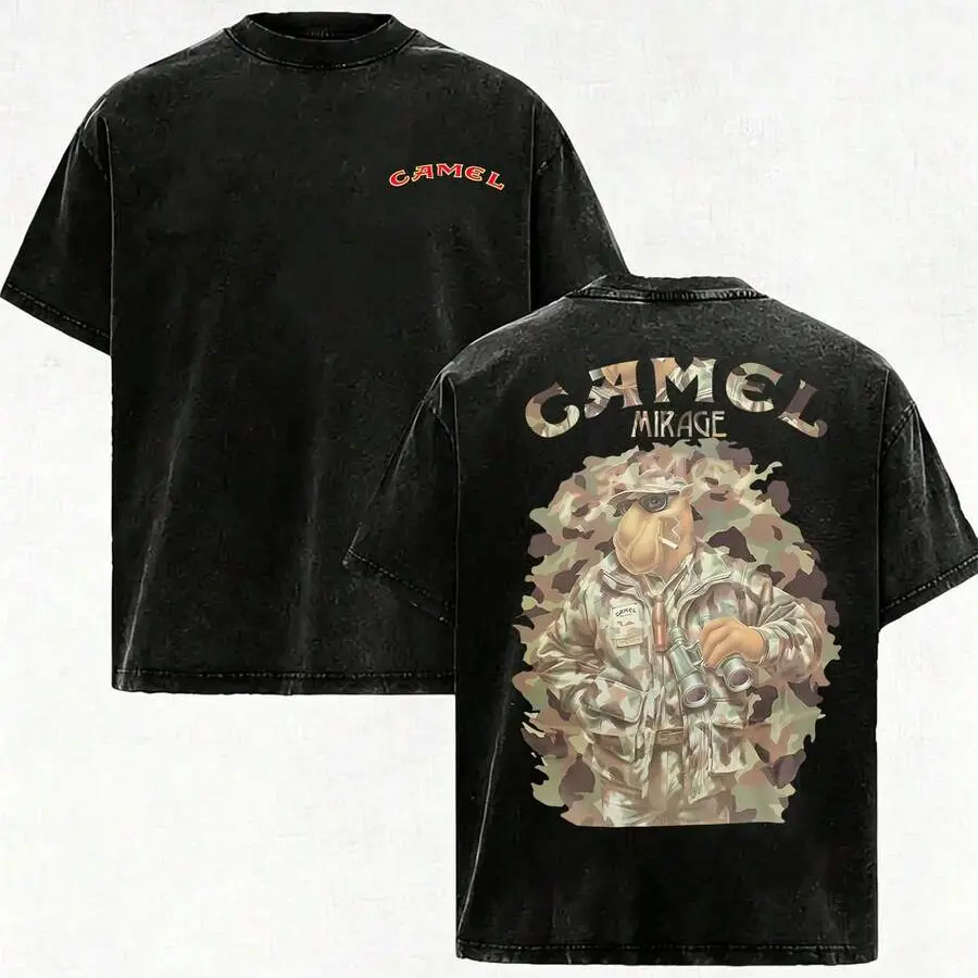 Adult Distressed Washed Retro Camel Mirage Camel Joe Graphic T Shirt Front Camel Letter Emblem Back Camo Suit Camel Joe Desert Theme Print Soft Cotton Crew Neck Short Sleeve Top Daily Street Retro Fan Casual Outfit
