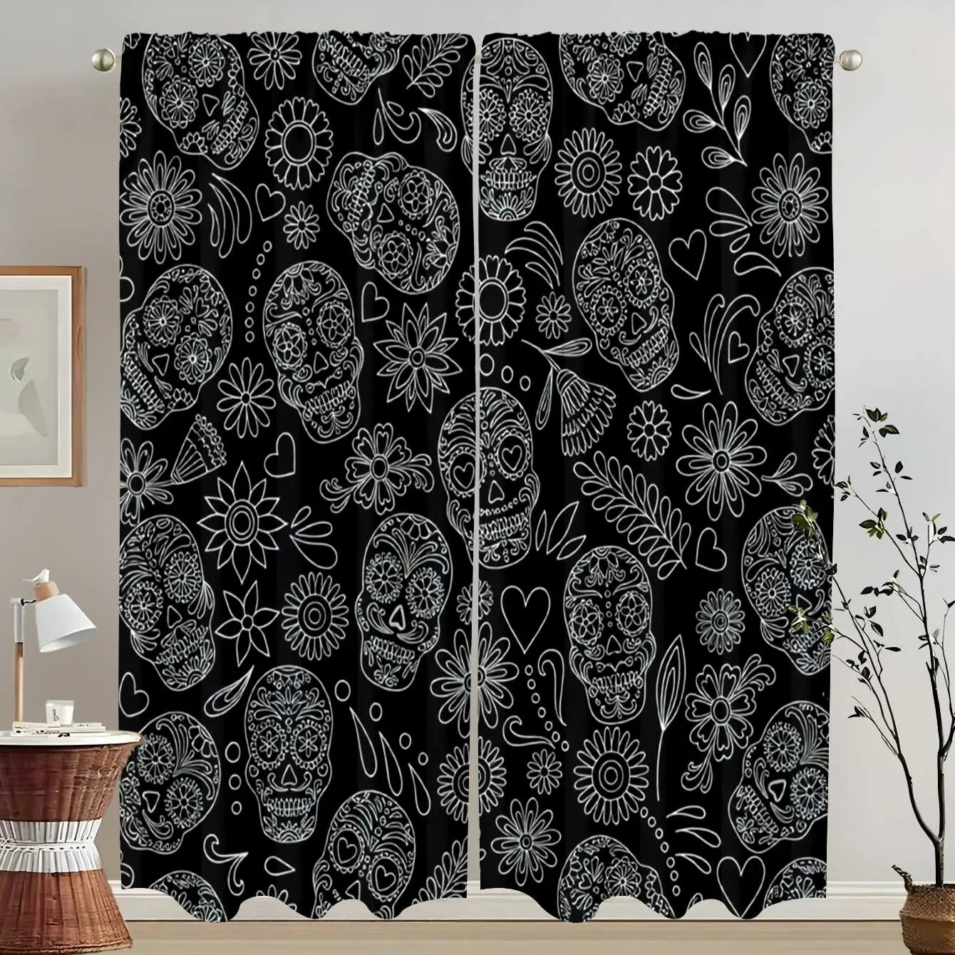 2 pieces of high-definition digital Mexican Day of the Dead sugar skull printed decorative curtains, fade-resistant, machine-washable and hand-washable, hung with a pole bag, suitable for bedroom and living room home decoration