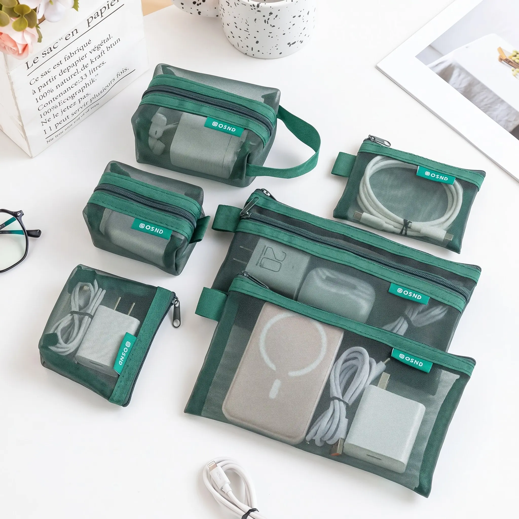6-Piece Mesh Storage Bags, Zipper Design, Transparent, Multi-Size Portable Organizer, Ideal for Cables, Keys, Cosmetics, Travel Essentials, Home Use, Traveling Essentials