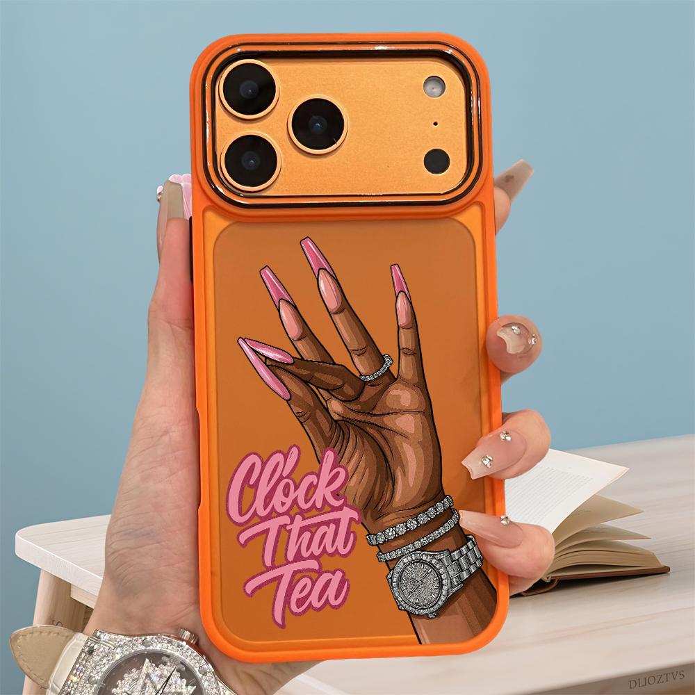 Fashion Hand and Clock That Tea Text Pattern Phone Case for iPhone 17 Pro Max 17Air 16 Plus 16e 15 14 13 12 11 Color Blocking Button and Camera Frame Design Shockproof Skin Feel Shell