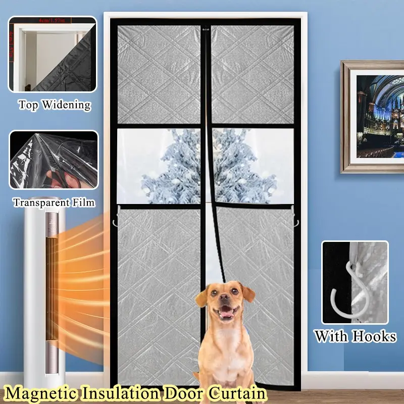 Magnetic Insulated Door Curtain, Thick Windproof Winter Door Cover with Transparent Film View Window, Easy Install, Suitable for Living Room, Bedroom, Balcony