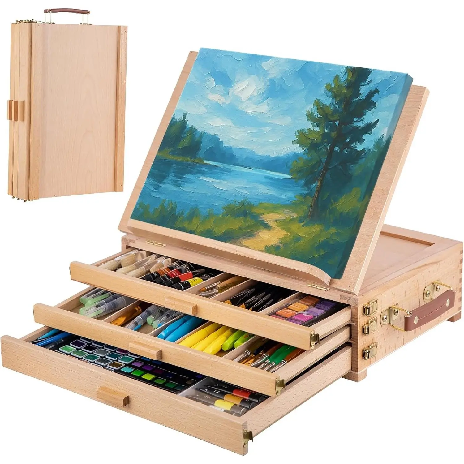 Table Easel with Sketch Box Storage, Portable Beechwood Desktop Art Easel with 3 Drawers, Adjustable Tabletop Painting Stand for Teens and Adults