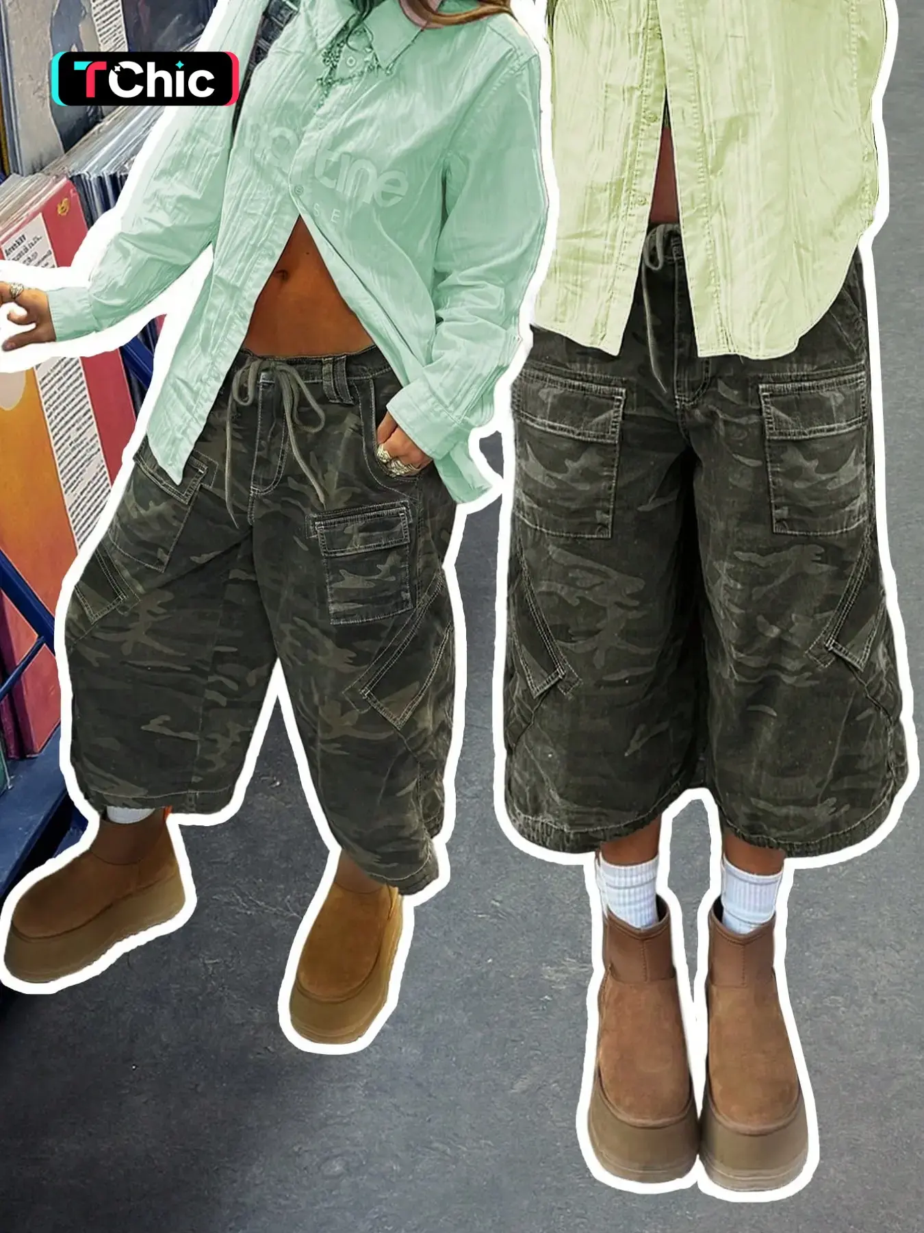 Vintage Washed Camo Camouflage Baggy Cargo Pocket Jorts, Y2K Grunge Aesthetic Wide-Leg Casual Drawstring Shorts, Casual Streetwear Bottoms, Perfect for Record Store Runs & Festival