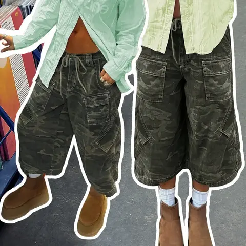 Vintage Washed Camo Camouflage Baggy Cargo Pocket Jorts, Y2K Grunge Aesthetic Wide-Leg Casual Drawstring Shorts, Casual Streetwear Bottoms, Perfect for Record Store Runs & Festival