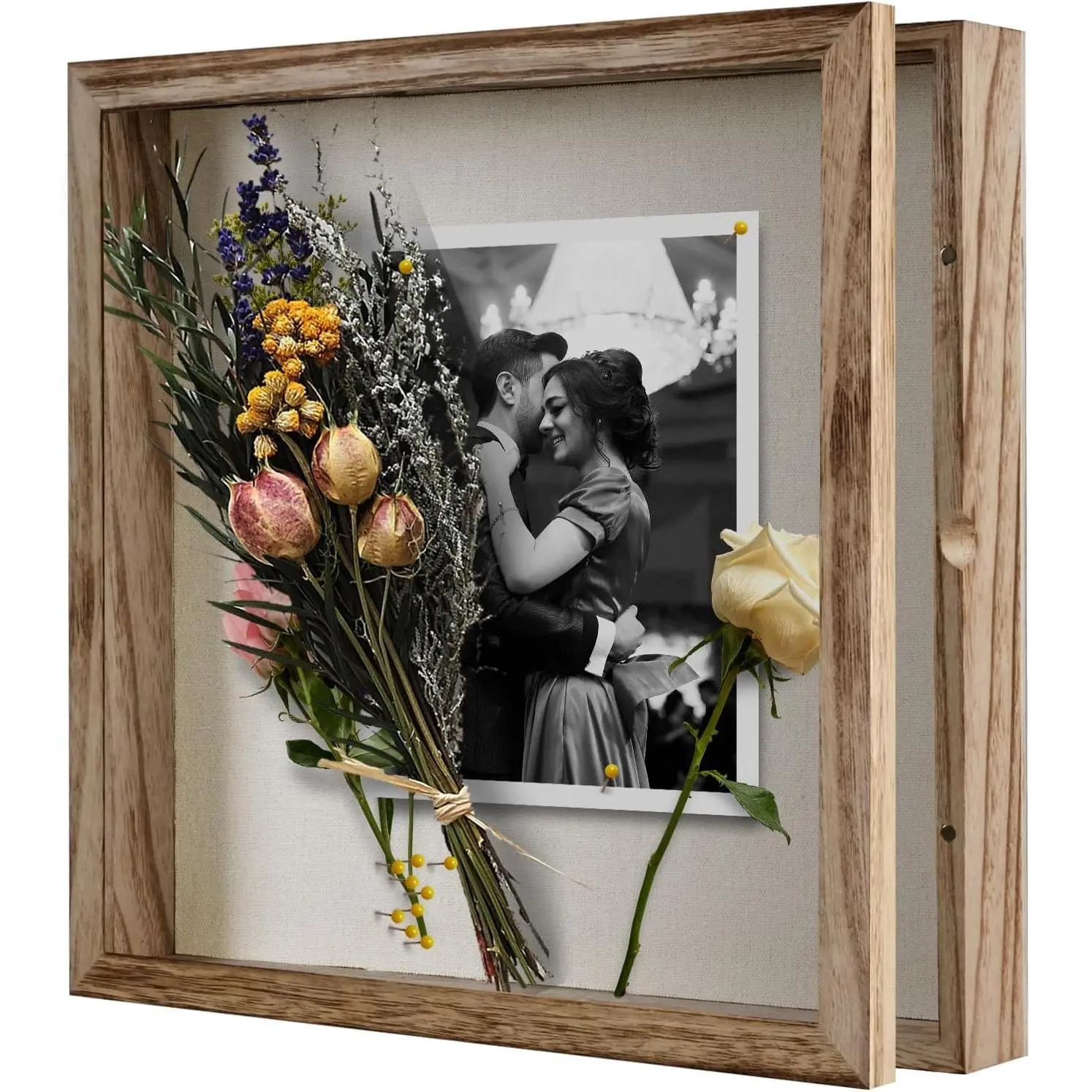 12x12 Shadow Box Display Case with Solid Wood Frame for Pictures, Flowers, Memorial, Medals, Wedding Bouquet, Wall or Tabletop, 12 Pins, Brown