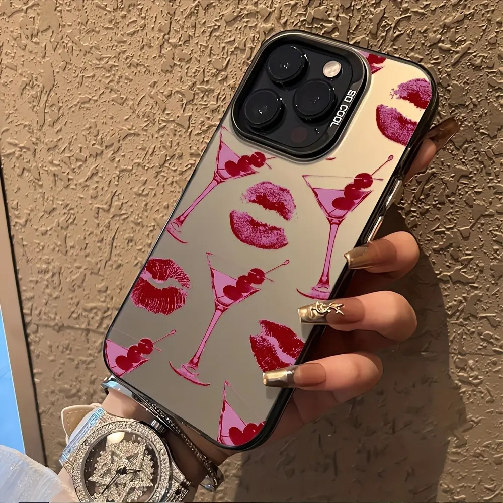 Phone Case: Lip Print Cocktail Pattern Electroplated Laser Vibrant Phone Case, Suitable For IPhone 17 Air Pro Max, IPhone 16/15/14/13/12/11/XS/XR/X/12/13 Mini/Plus/Pro/Max/16E, Aesthetic Design, Teen Girl Gift