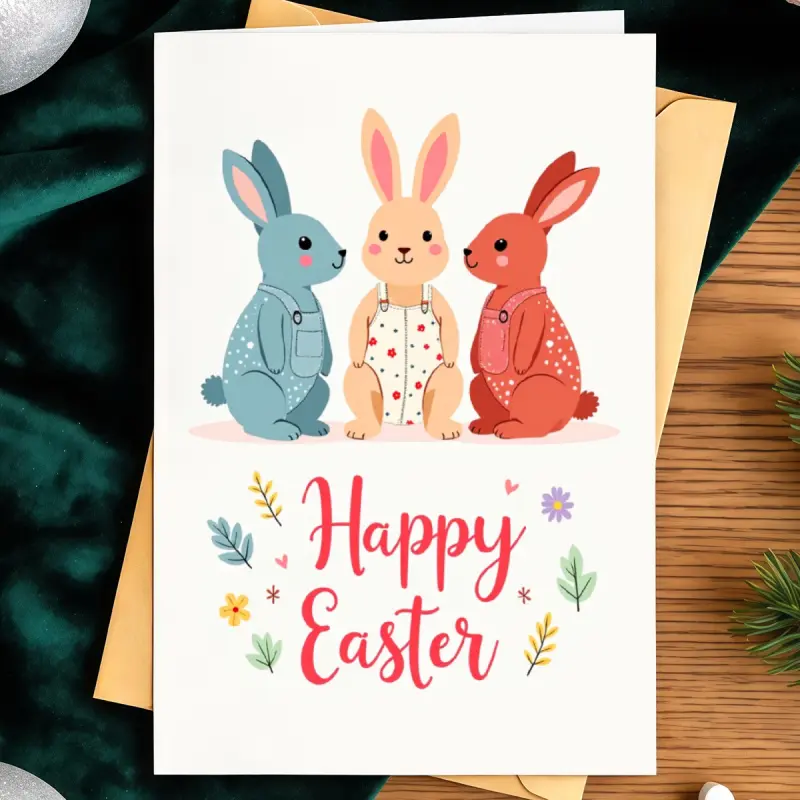 A cute cartoon-style Easter greeting card featuring three adorable rabbits wearing overalls, decorated with floral motifs. The inside page is blank for writing personal greetings, making it suitable for giving to children, family, friends, and for Easter