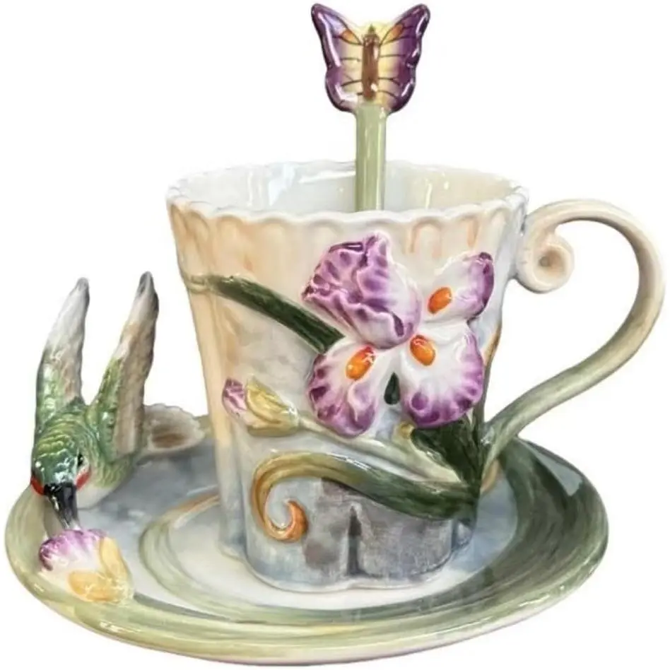 Ceramic  Cup and  Set ,6OZ  Hand-painted Hummingbird and Flower Coffee Mug, for Women