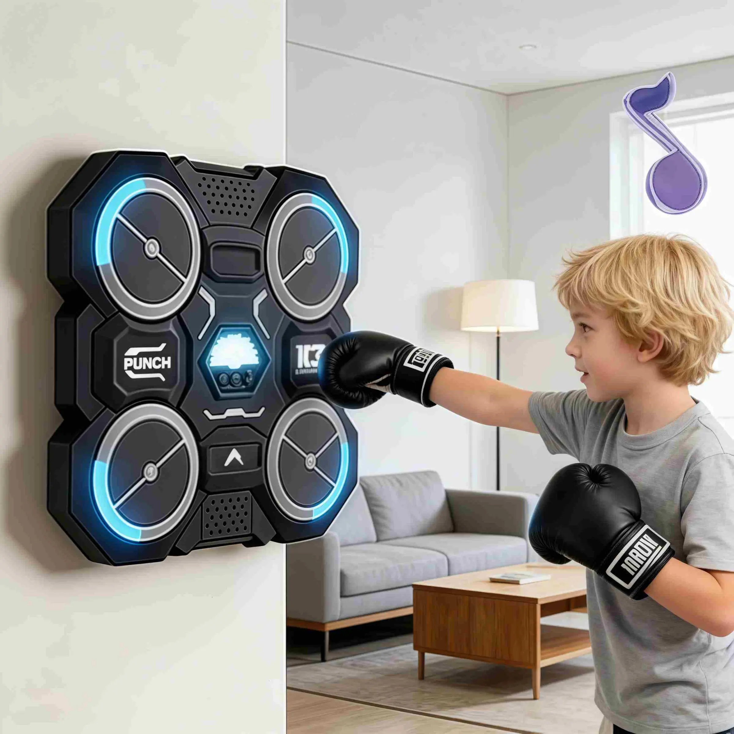Smart Music Boxing Trainer for Kids and Adults, Portable Fitness Device, Home Gym Use, Includes Gloves, No Plug Needed, Battery Required