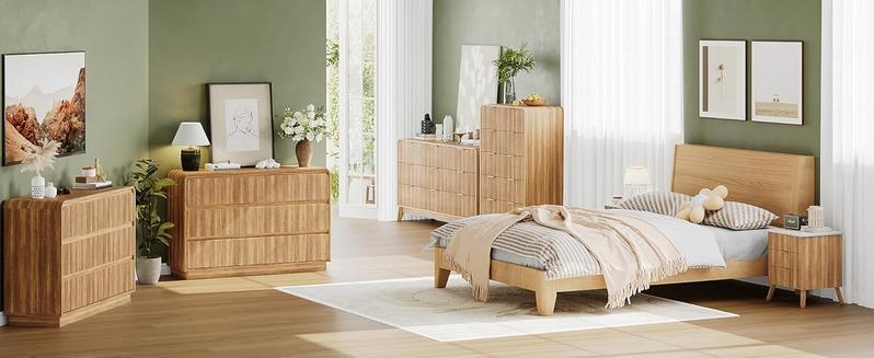 Fluted 6 Drawer Dresser for Bedroom, 48" Wide Handleless Chest of Drawers with Curved Profile Design, Modern Wooden Dresser TV Stand with Organizer Storage for Living Room, Entryway, Natural Oak