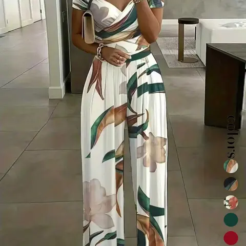 Women's Floral Print One Shoulder Wrap Jumpsuit, High Waist Fitted Long Pants, Boho Chic Style Cap Sleeve, Sexy Fashion for Women, Breathable, Bohemian, Floral Print Jumpsuits