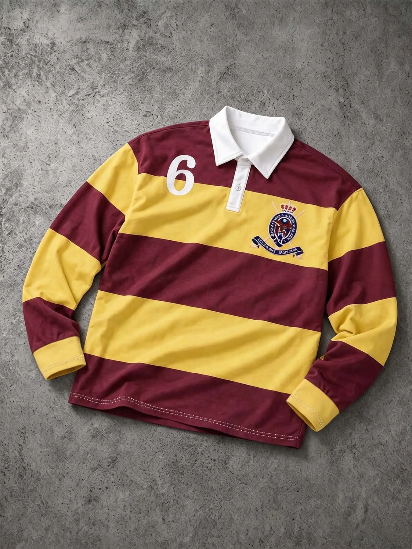 Men's Wide Striped Long Sleeve Top, Badge & Number Graphic Casual Rugby Jersey, Retro Street Style, Suitable For Daily Commute, Campus Outfits And Light Casual Outings
