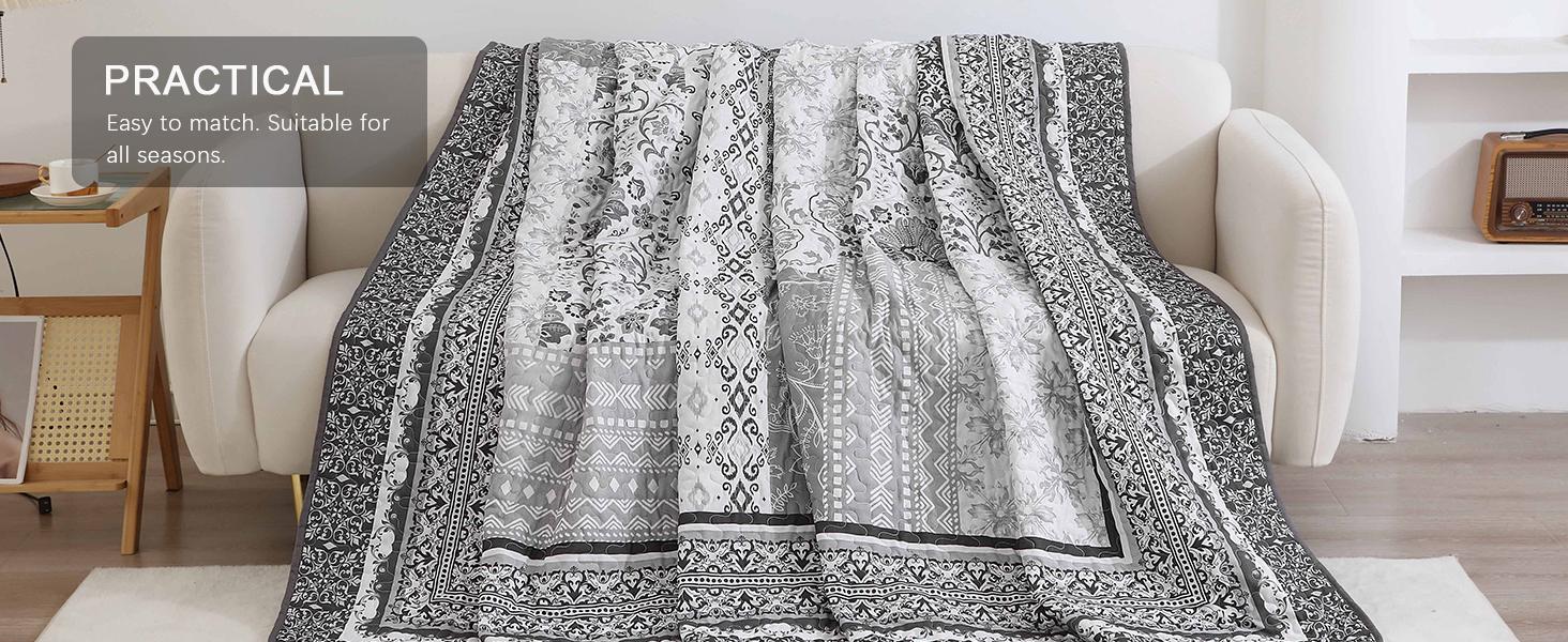 Grey Set King Size,Bohemian Floral Patchwork Bedspread Coverlet Set, Soft 3 Pieces Boho Bedspreads Bedding Set for All (104"x90")