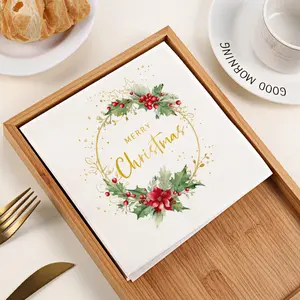 Christmas-themed party napkins, featuring festive holly wreaths and gold-embossed Merry Christmas designs, made of high-quality soft paper, suitable for holiday gatherings and family parties, 12.5cm * 12.5cm / 4.92inch , 20 sheets/pack