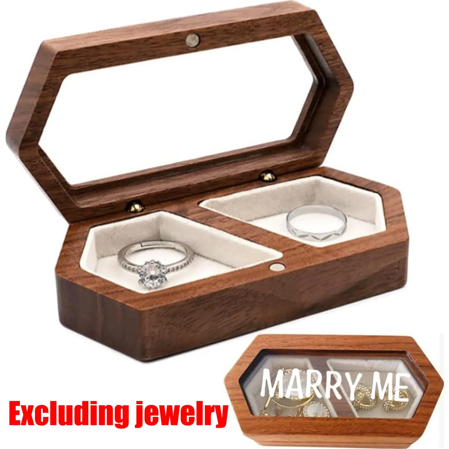 Wooden Dual Ring Box Jewelry Storage, DIY Decorative Wood Ring Holder, Proposal Engagement Wedding Gift, Romantic Women's Present