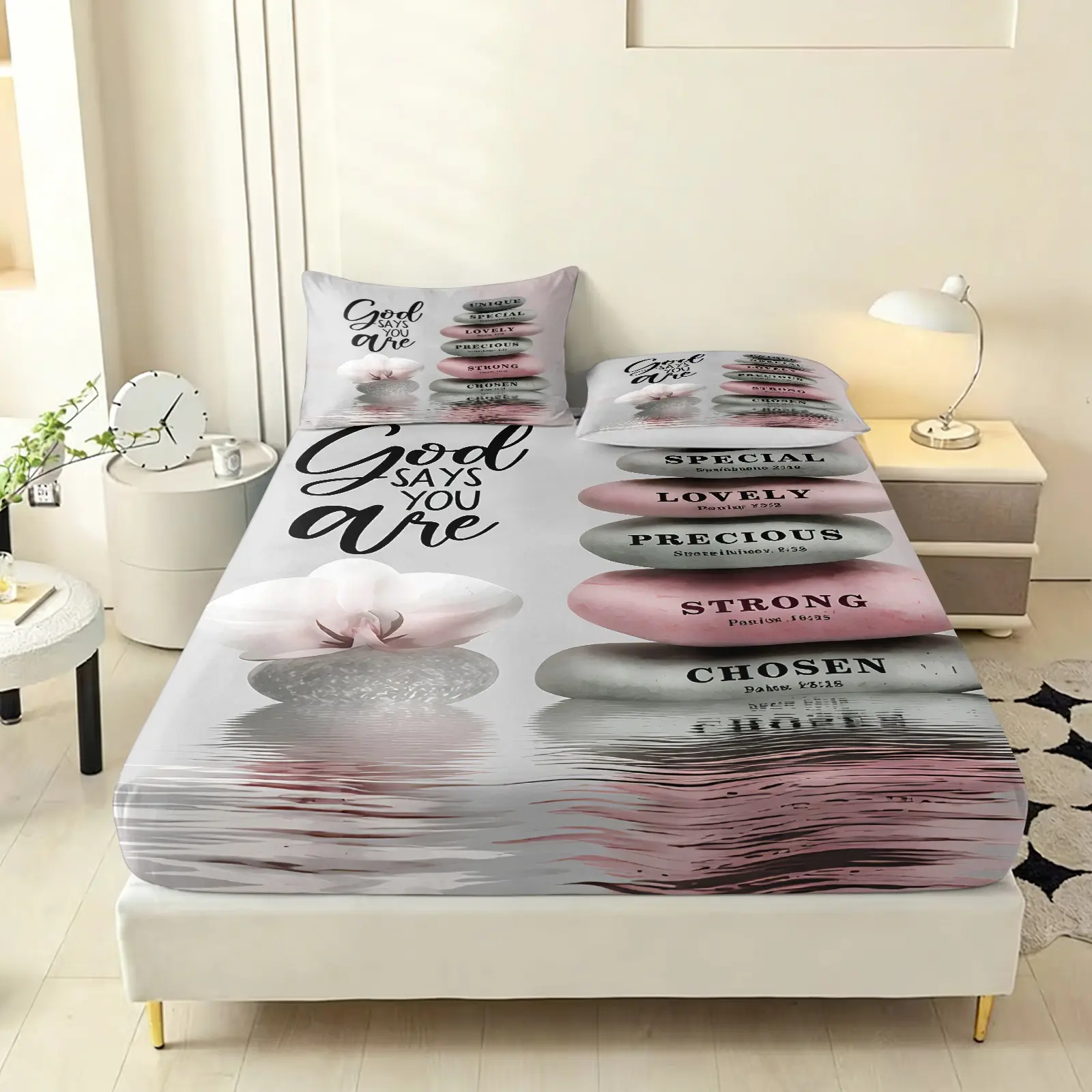 3-piece Zen-inspired slate orchid print bedding set, Printed bedding set, including 1 bed cover and 2 pillowcases (without filling material), suitable for single, double beds, applicable to home and hotel use