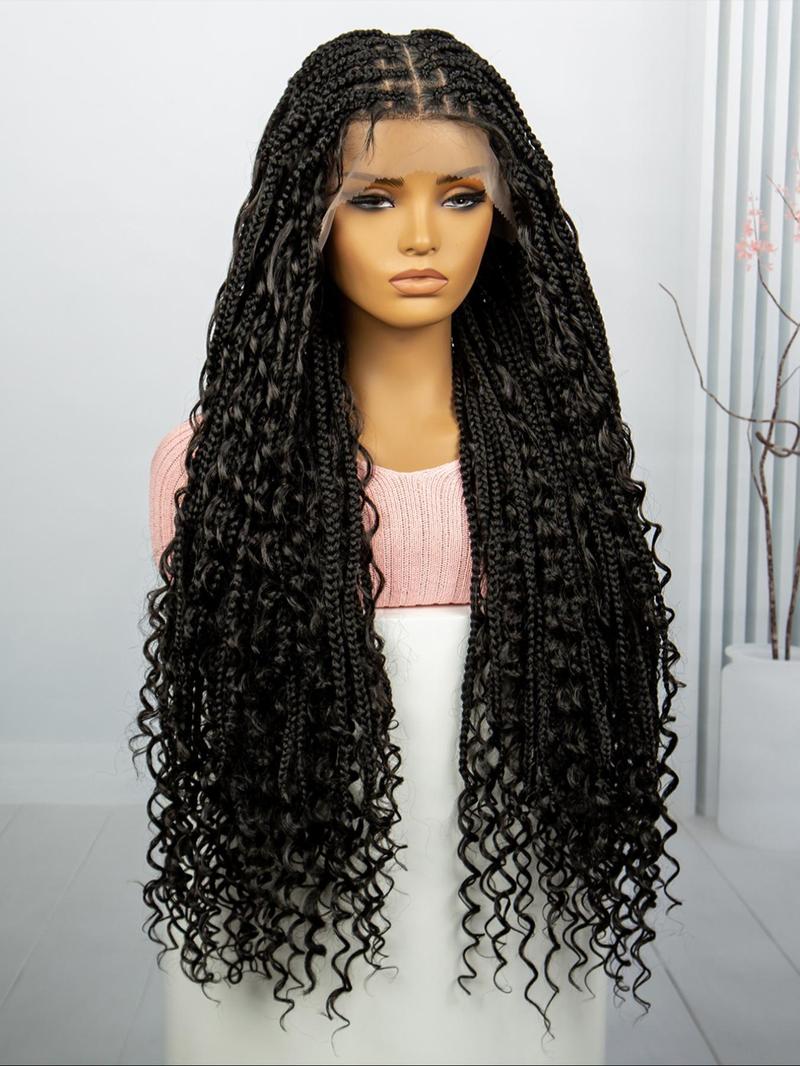 33 Inch Black Full Lace Front Box Braided Wig with Curly Hair Distressed Knotless Braided Wigs for Women, Synthetic Braided Lace Wigs for Party, Daily Use, Wigs That Look Like Real Hair, Kinky Curly Wigs