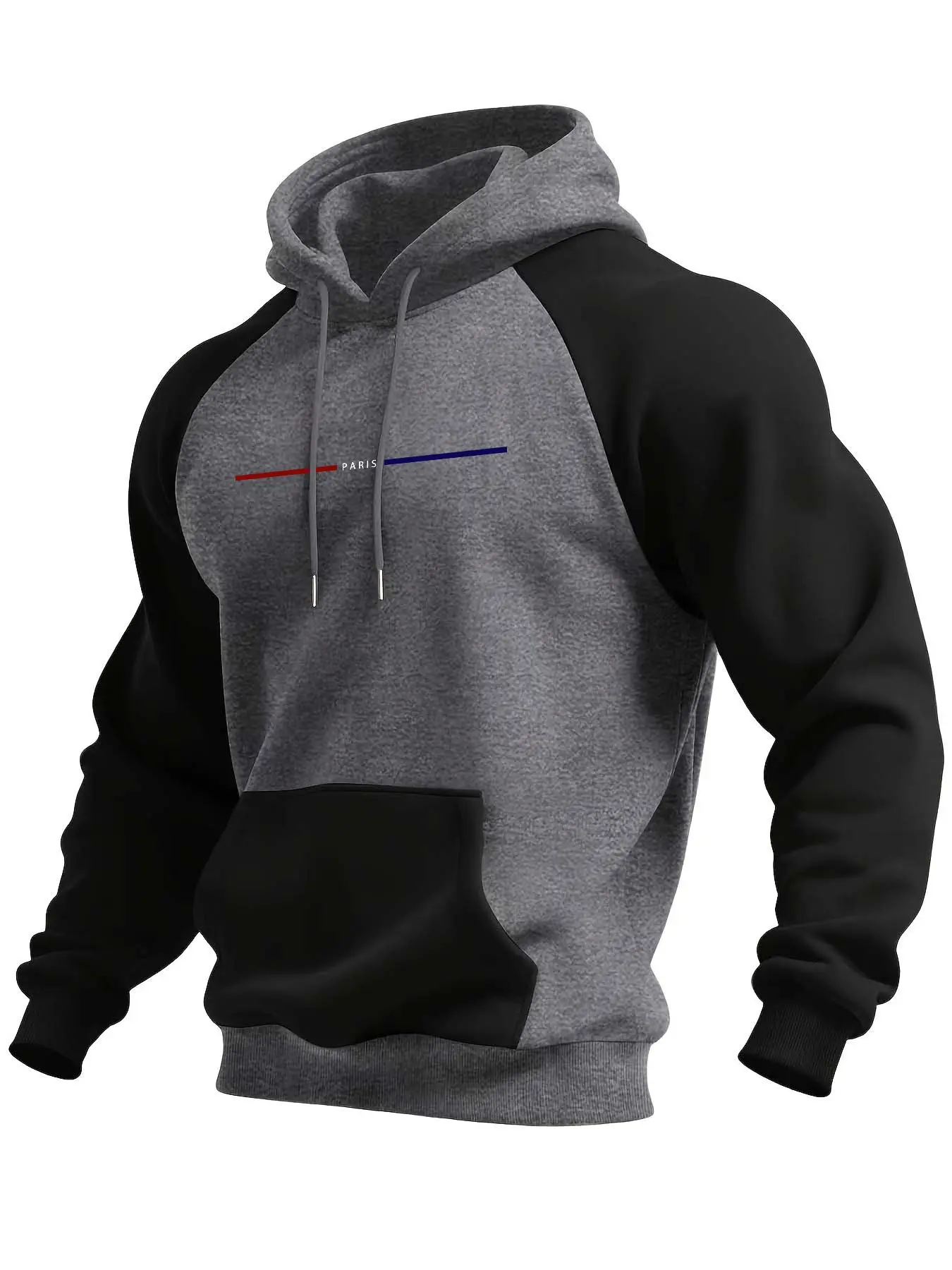 Men's Colorblock Hooded Sweatshirt, Casual Long Sleeve Pullover, Paris Theme Print, Fall & Winter Wear, Comfortable Daily Clothing