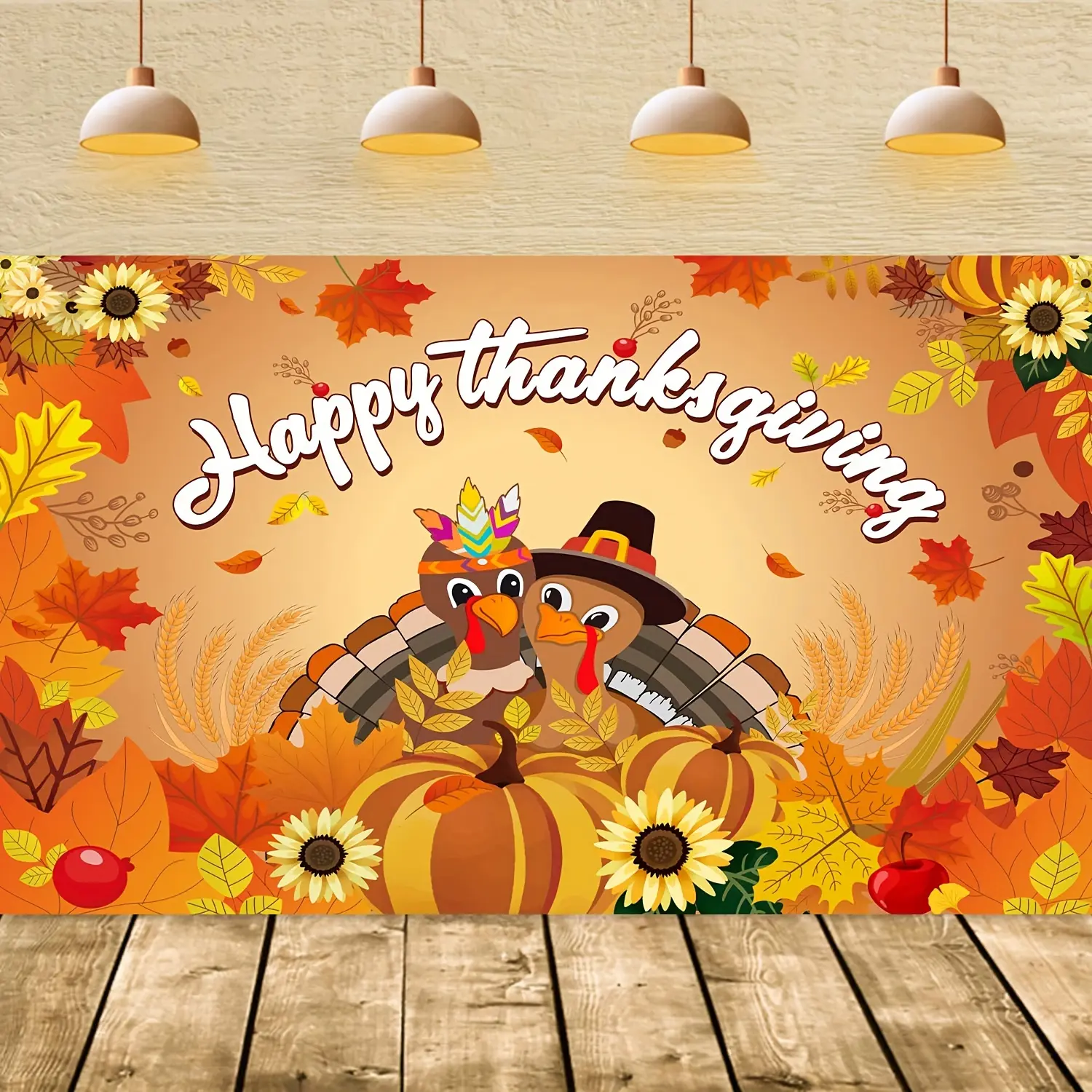 Happy Thanksgiving Fall Backdrop Banner with Autumn Leaves Pumpkin Turkey Sunflower Design for Harvest Parties and Farm Events