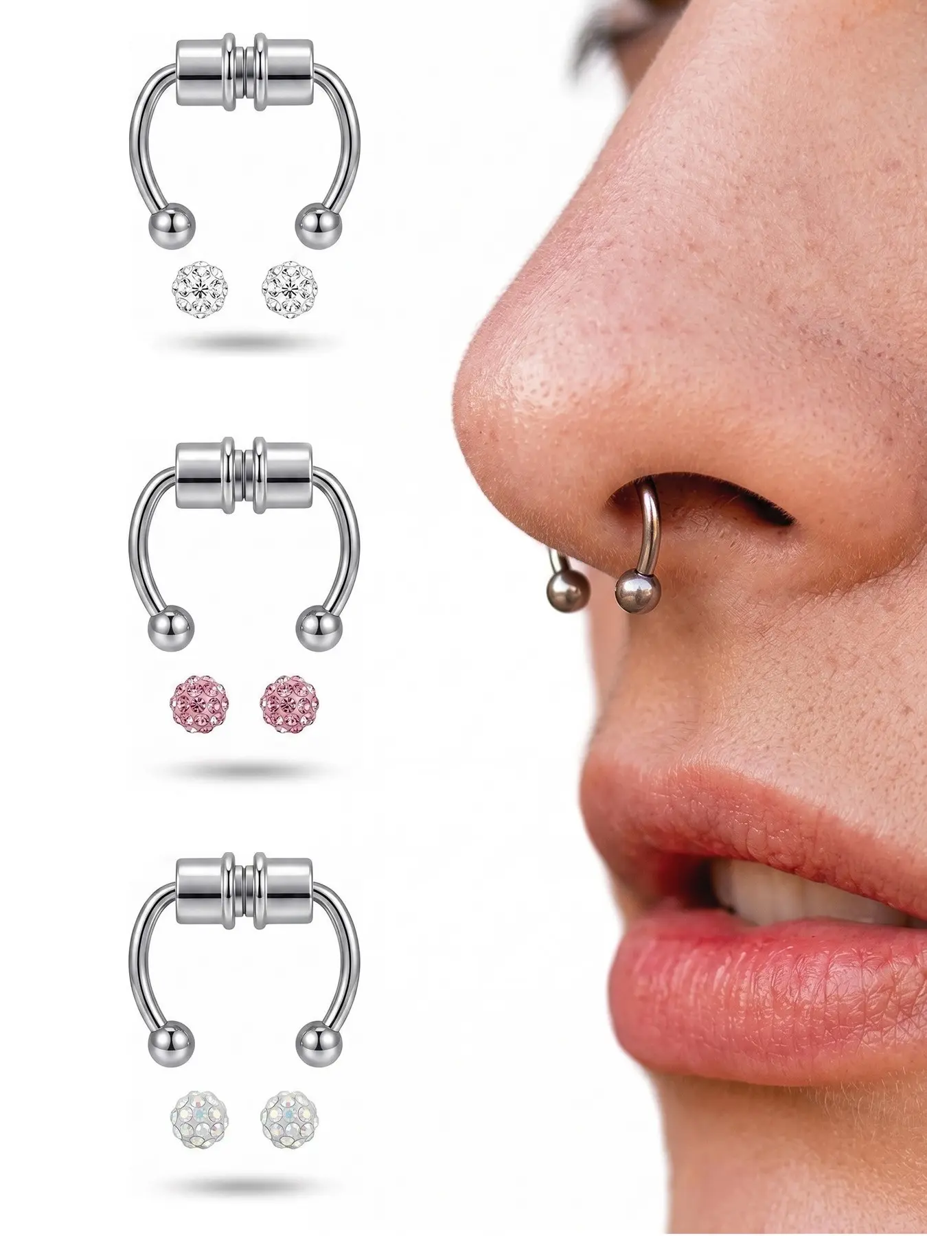3-piece nose ring set Body Jewelry Nose Rings Hoops Fake Nose Ring Fake Septum Fake Lip Rings Fake Septum Piercing Fake Nose Piercing Fake Nose Hoop Double Hoop Nose Ring Fake Double Nose Ring Nose Cuffs Faux Nose Rings Clip