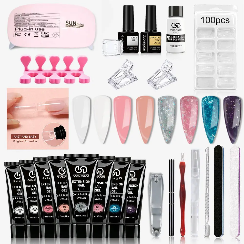 Professional Poly Gel Nail Kit Complete for Beginners, 1 Set Soak off Polygel Nail Kits with UV Light UV Gel LED Lamp Nail Art Kit with Nail File & Nail Stick & Tape & Nail Cleaning Pad