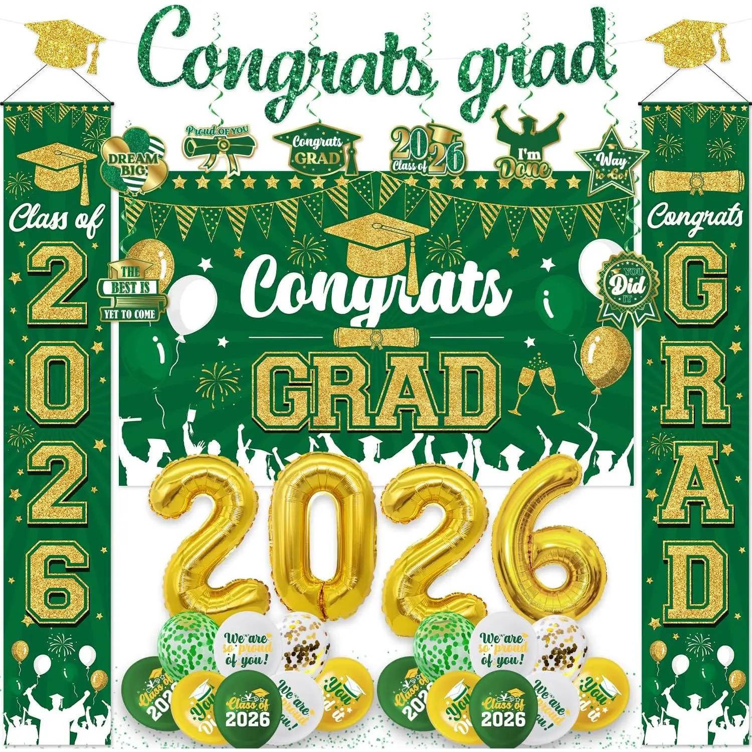 Women's Decoration Kit for 2026 Graduation, 28-Pc Green & Gold Party Supplies with Polyester Banner, Balloons, Paper Pompoms & Photo Backdrop