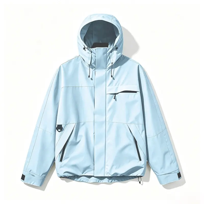 Men's Light Blue Solid Hooded Windbreaker, Multi Zipper Pockets Windproof Waterproof Outdoor Jacket, Adjustable Drawstring Functional Outerwear For Hiking Camping Daily Matching
