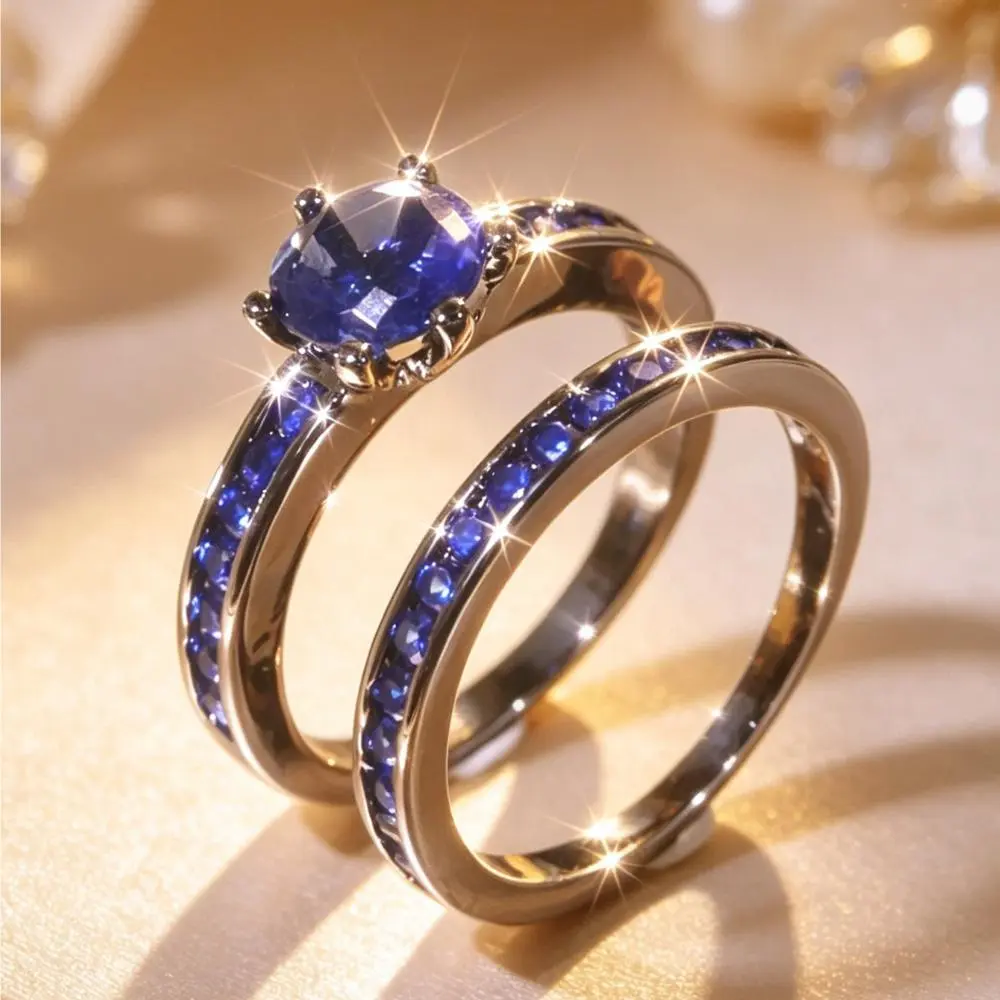 Women’s 2-Piece Stackable Bridal Ring Set, Promise Rings for GF, Round  & Sapphire Engagement Jewelry